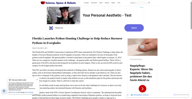 Security scan screenshot of https://www.sciencespacerobots.com/florida-python-hunting-challenge-120820121