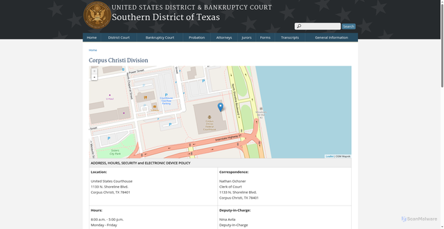 Security scan screenshot of https://www.txs.uscourts.gov/offices/corpus-christi-division