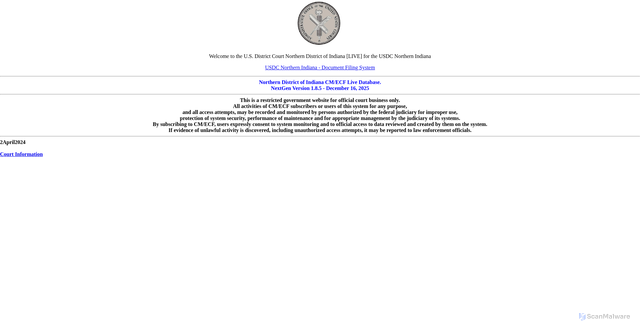 Security scan screenshot of https://ecf.innd.uscourts.gov