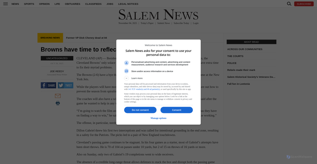 Security scan screenshot of https://www.salemnews.net/uncategorized/2025/10/browns-have-time-to-reflect/