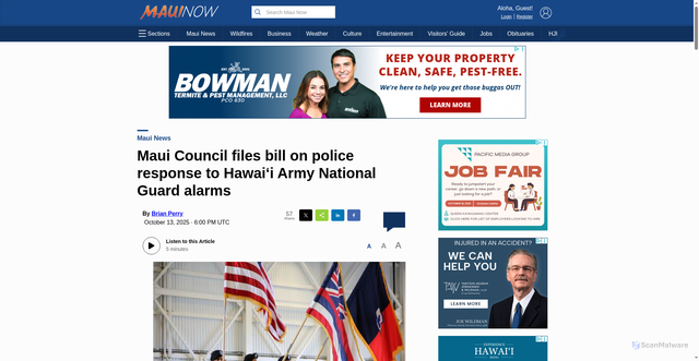 Security scan screenshot of https://mauinow.com/2025/10/13/maui-council-files-bill-on-police-response-to-hawaii-army-national-guard-alarms/