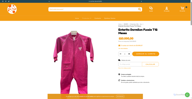 Security scan screenshot of https://acatoyonline.com.ar/productos/enterito-dormilon-fucsia-t12-meses/