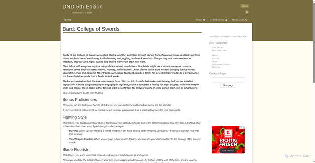 Security scan screenshot of https://dnd5e.wikidot.com/bard:swords
