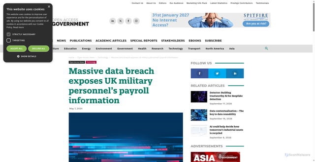 Security scan screenshot of https://www.openaccessgovernment.org/massive-data-breach-exposes-uk-military-personnels-payroll-information/176919/