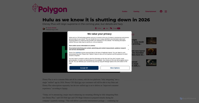 Security scan screenshot of https://www.polygon.com/hulu-ending-disney-plus-2026/