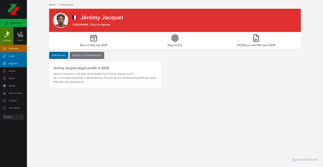 Security scan screenshot of https://fmtransferupdate.com/players/2000094886-jeremy-jacquet