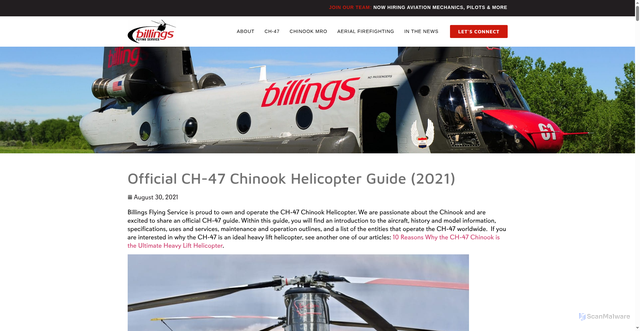 Security scan screenshot of https://billingsflyingservice.com/chinook-helicopter-guide/