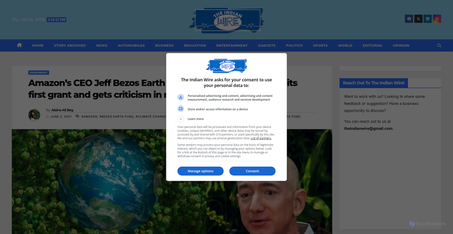 Security scan screenshot of https://www.theindianwire.com/environment/amazons-ceo-jeff-bezos-earth-fund-10-billion-fund-gives-its-first-grant-and-gets-criticism-in-return-may-we-know-why-314213/