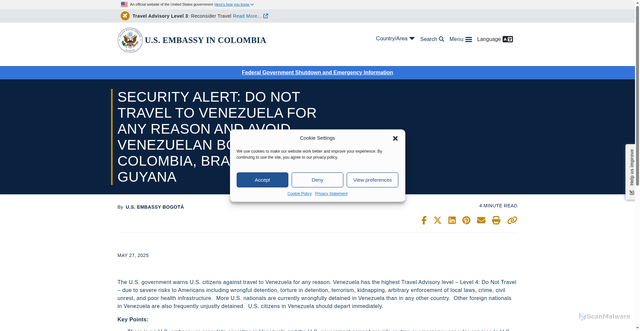 Security scan screenshot of https://co.usembassy.gov/security-alert-do-not-travel-to-venezuela-for-any-reason-and-avoid-venezuelan-borders-with-colombia-brazil-and-guyana/
