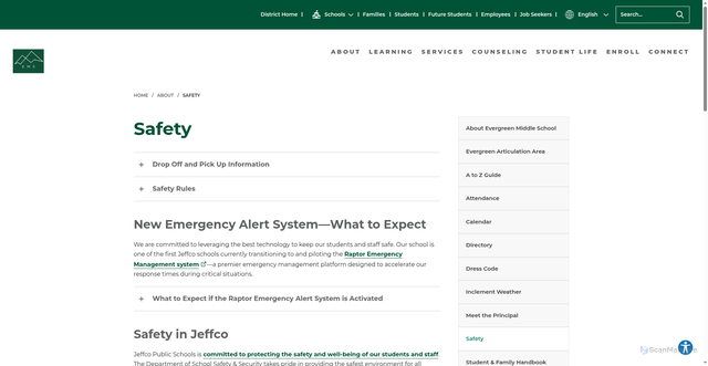Security scan screenshot of https://evergreenmiddle.jeffcopublicschools.org/about/safety
