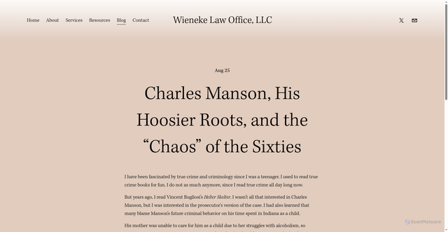 Security scan screenshot of https://www.wienekelaw.com/blog/charles-manson-his-hoosier-roots-and-the-chaos-of-the-sixties