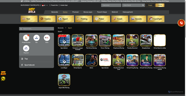 Security scan screenshot of https://bolahitlincah.com/games/sport