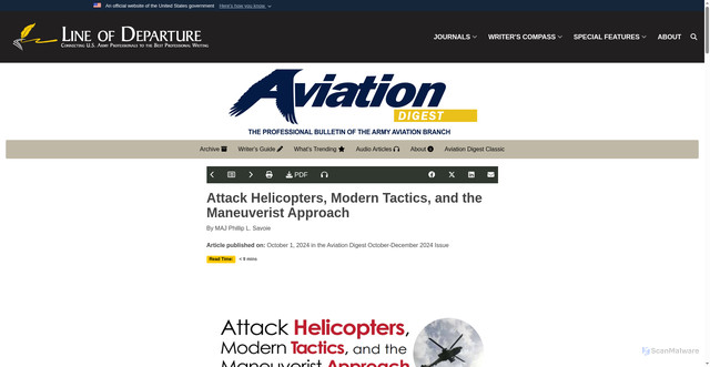 Security scan screenshot of https://www.lineofdeparture.army.mil/Journals/Aviation-Digest/Aviation-Digest-October-December-2024/Attack-Helicopters/