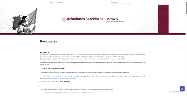 Security scan screenshot of https://consulmex.sre.gob.mx/lasvegas/index.php/menu-docidentidad/pasaportes