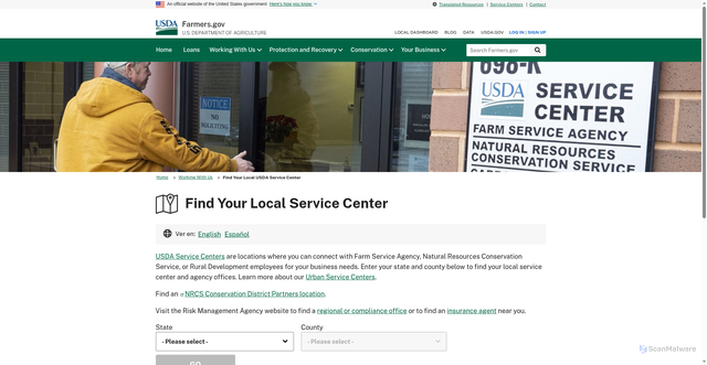 Security scan screenshot of https://www.farmers.gov/working-with-us/service-center-locator