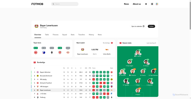 Security scan screenshot of https://www.fotmob.com/teams/8178/overview/bayer-leverkusen