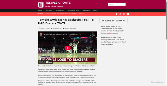 Security scan screenshot of https://templeupdate.com/temple-owls-mens-basketball-fall-to-uab-blazers-76-71/
