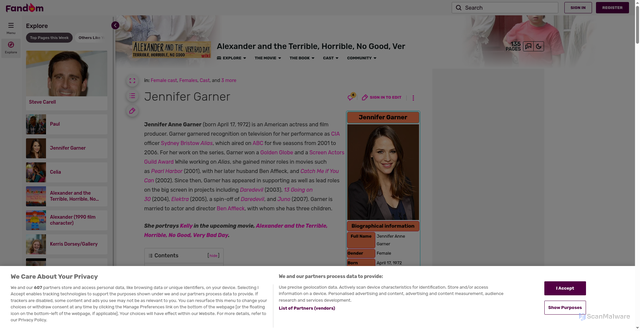 Security scan screenshot of https://alexanderandthebadday.fandom.com/wiki/Jennifer_Garner