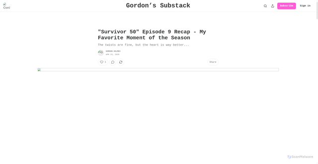 Security scan screenshot of https://gordonholmes.substack.com/p/survivor-50-episode-9-recap-my-favorite