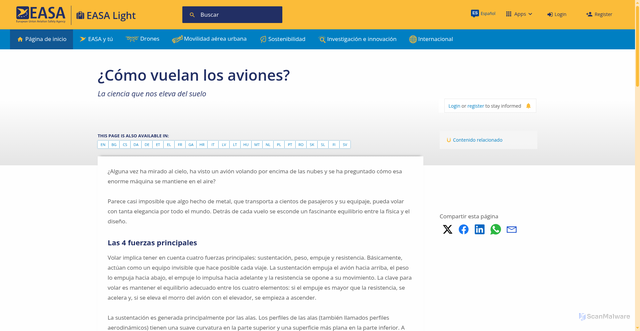 Security scan screenshot of https://www.easa.europa.eu/es/light/topics/how-do-planes-fly