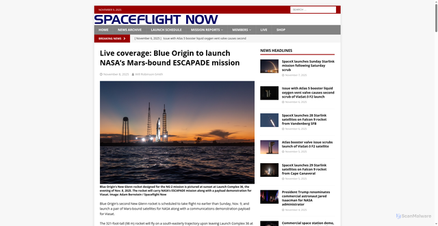 Security scan screenshot of https://spaceflightnow.com/2025/11/08/live-coverage-blue-origin-to-launch-nasas-mars-bound-escapade-mission/