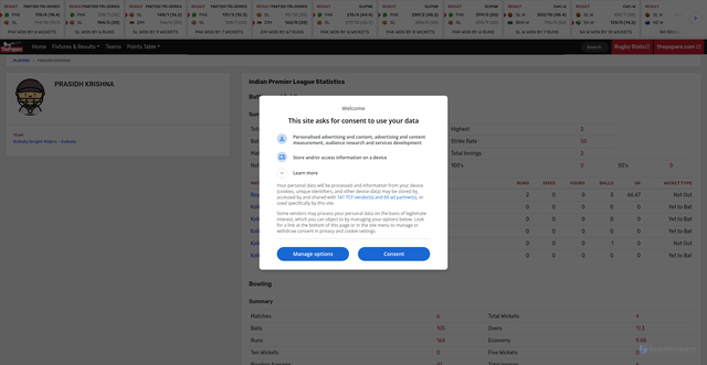 Security scan screenshot of https://stats.thepapare.com/cricket/player/prasidh-krishna