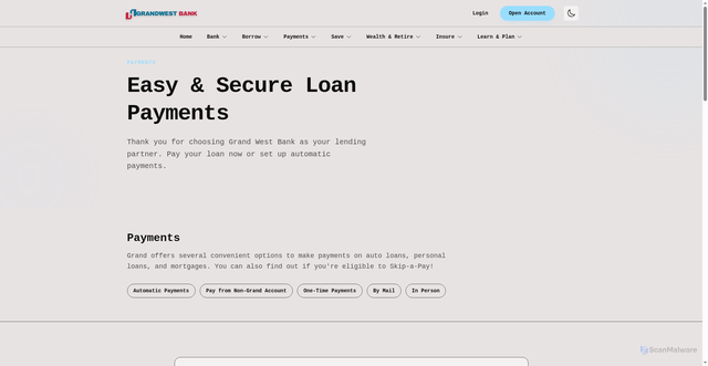 Security scan screenshot of https://grandwestbank.com/payments