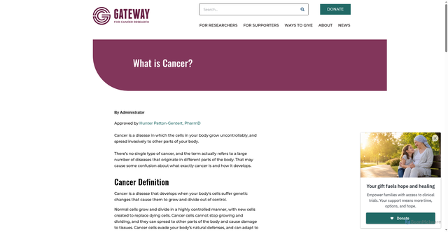 Security scan screenshot of https://gatewaycr.org/about/in-the-news/what-is-cancer/