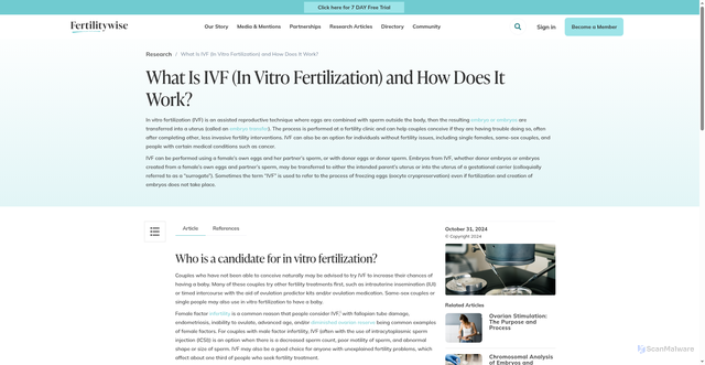 Security scan screenshot of https://www.fertilitywise.com/research/what-is-ivf-in-vitro-fertilization-and-how-does-it-work