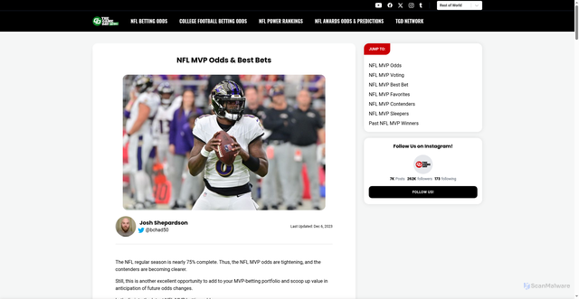 Security scan screenshot of https://thegamedayfootball.com/odds/mvp/
