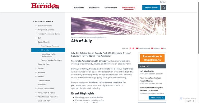 Security scan screenshot of https://www.herndon-va.gov/departments/recreation/special-events/4th-of-july