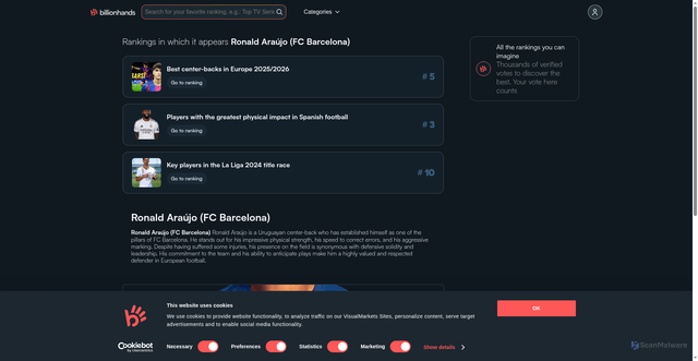 Security scan screenshot of https://billionhands.com/en/item/ronald-araujo-fc-barcelona-69d0d795bbf4364de92fc500