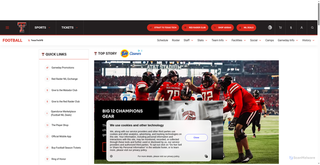 Security scan screenshot of https://www.football.texastech.com/