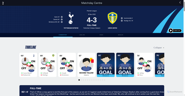 Security scan screenshot of https://matchcentre.tottenhamhotspur.com/cards/Home?gameId=2292967