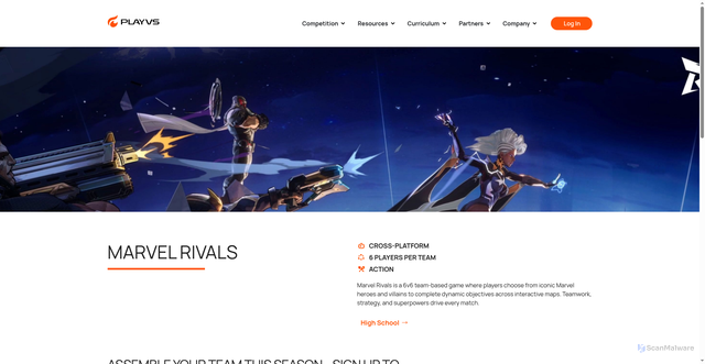 Security scan screenshot of https://playvs.com/games/marvel-rivals/
