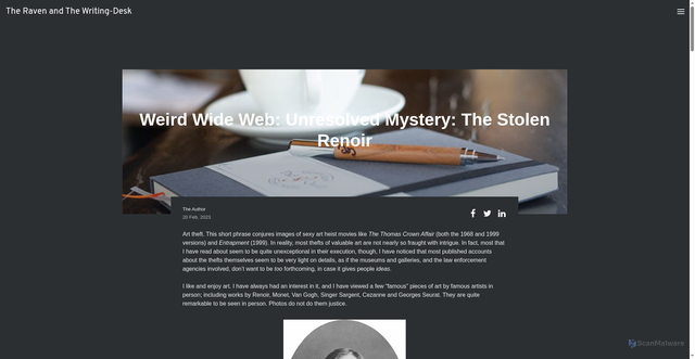 Security scan screenshot of https://theravenandwritingdesk.com/weird-wide-web-unresolved-mystery-the-stolen-renoir/