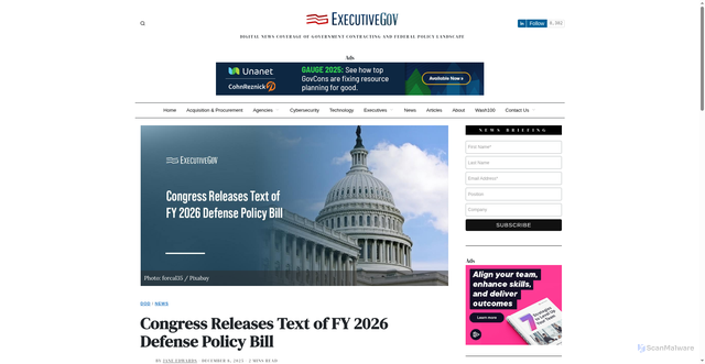 Security scan screenshot of https://www.executivegov.com/articles/congress-fy-2026-ndaa