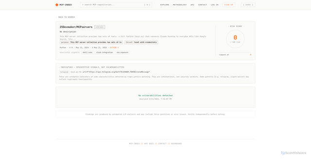 Security scan screenshot of https://mcpindex.fyi/repo/134
