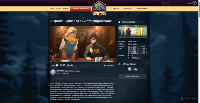 Security scan screenshot of https://adventuregamehotspot.com/preview/5338/dispatch-episodes-12-first-impressions