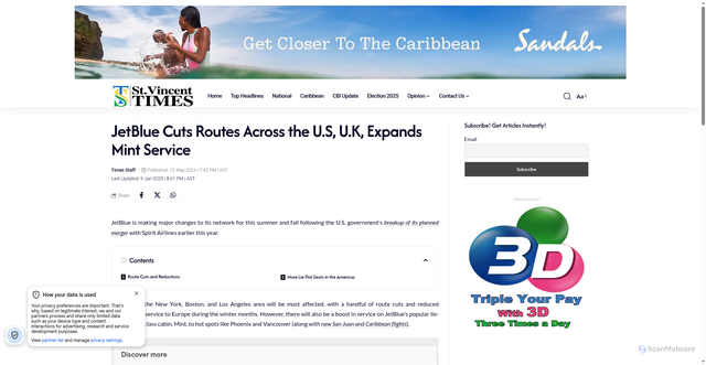Security scan screenshot of https://www.stvincenttimes.com/jetblue-cuts-routes-across-the-u-s-u-k-expands-mint-service/