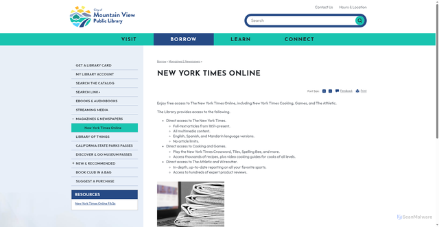 Security scan screenshot of https://library.mountainview.gov/borrow/magazines-newspapers/new-york-times-online
