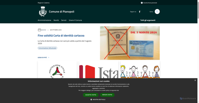 Security scan screenshot of https://www.comune.pianopoli.cz.it/it