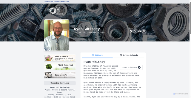 Security scan screenshot of https://www.amsfuneralhomes.com/obituaries/ryan-whitney