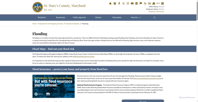 Security scan screenshot of https://www.stmaryscountymd.gov/es/disasters/flooding/