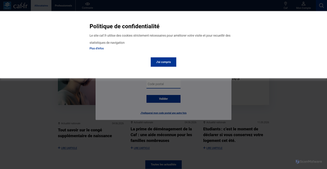 Security scan screenshot of https://caf.fr