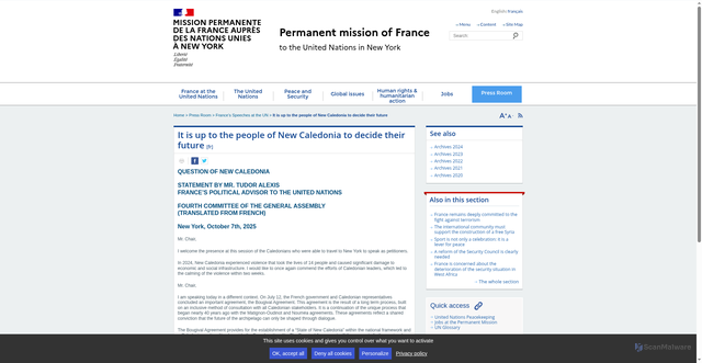 Security scan screenshot of https://onu.delegfrance.org/france-will-continue-to-follow-the-path-laid-out-by-the-noumea-accord