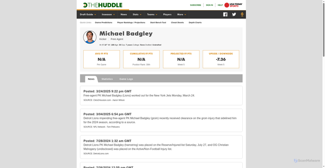 Security scan screenshot of https://tools.thehuddle.com/player/36013340/michael-badgley