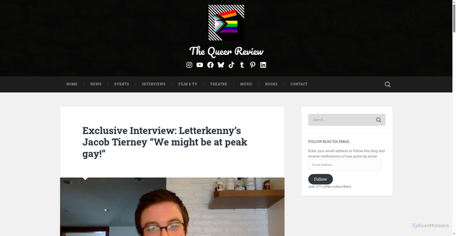 Security scan screenshot of https://thequeerreview.com/2021/01/09/exclusive-interview-letterkenny-jacob-tierny/
