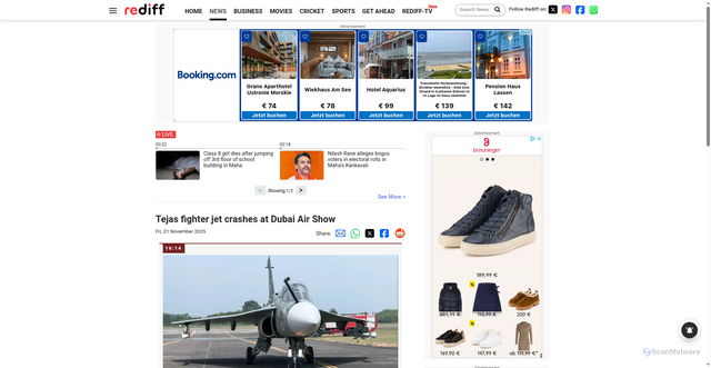 Security scan screenshot of https://m.rediff.com/news/commentary/2025/nov/21/tejas-fighter-jet-crashes-at-dubai-air-show/e8d0ea03fe3af4c87209869aef17732a