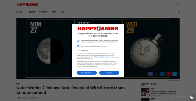 Security scan screenshot of https://happygamer.com/outer-worlds-2-release-date-revealed-with-bizarre-moon-announcement-136413/